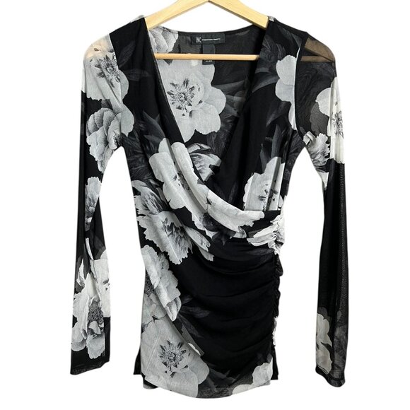 Vintage INC Floral‎ Faux Wrap Ruched Sheer Top Black Small Y2K Going Out - Picture 3 of 9